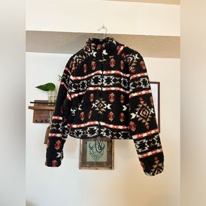 Tribal Print Cropped Sherpa Fleece Jacket